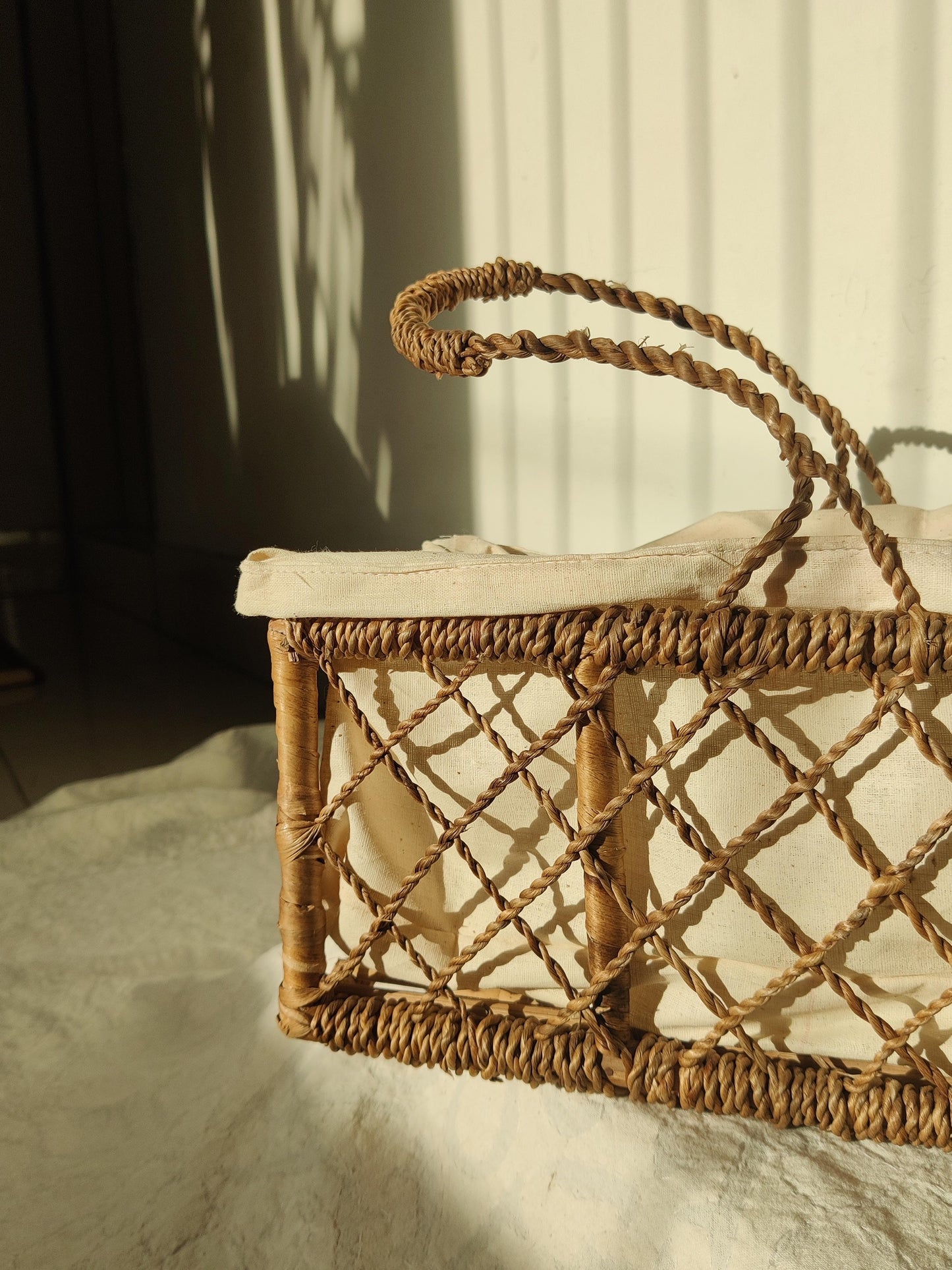 Cane and Water Hyacinth Knotty Basket with Handle