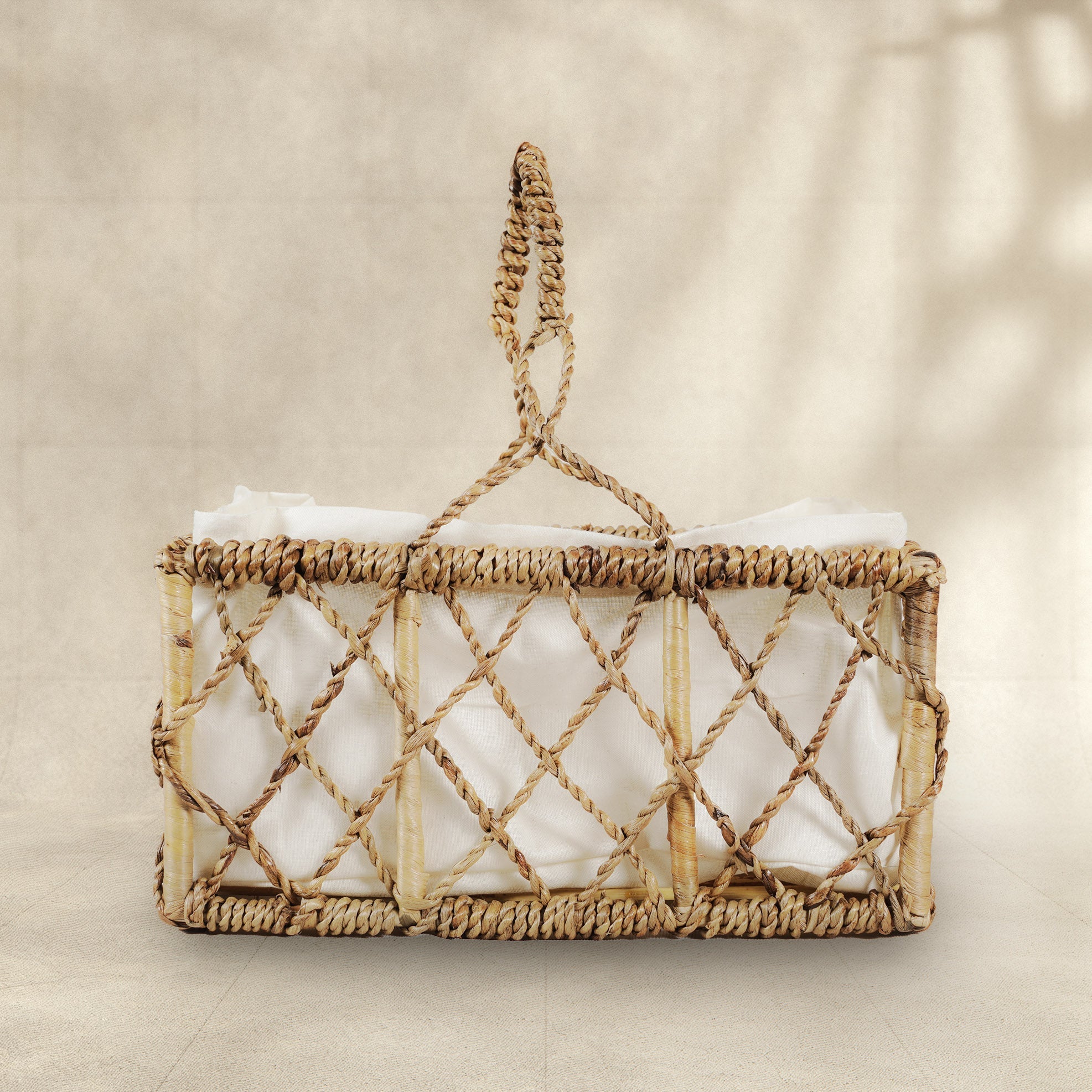 Cane and Water Hyacinth Knotty Basket with Handle