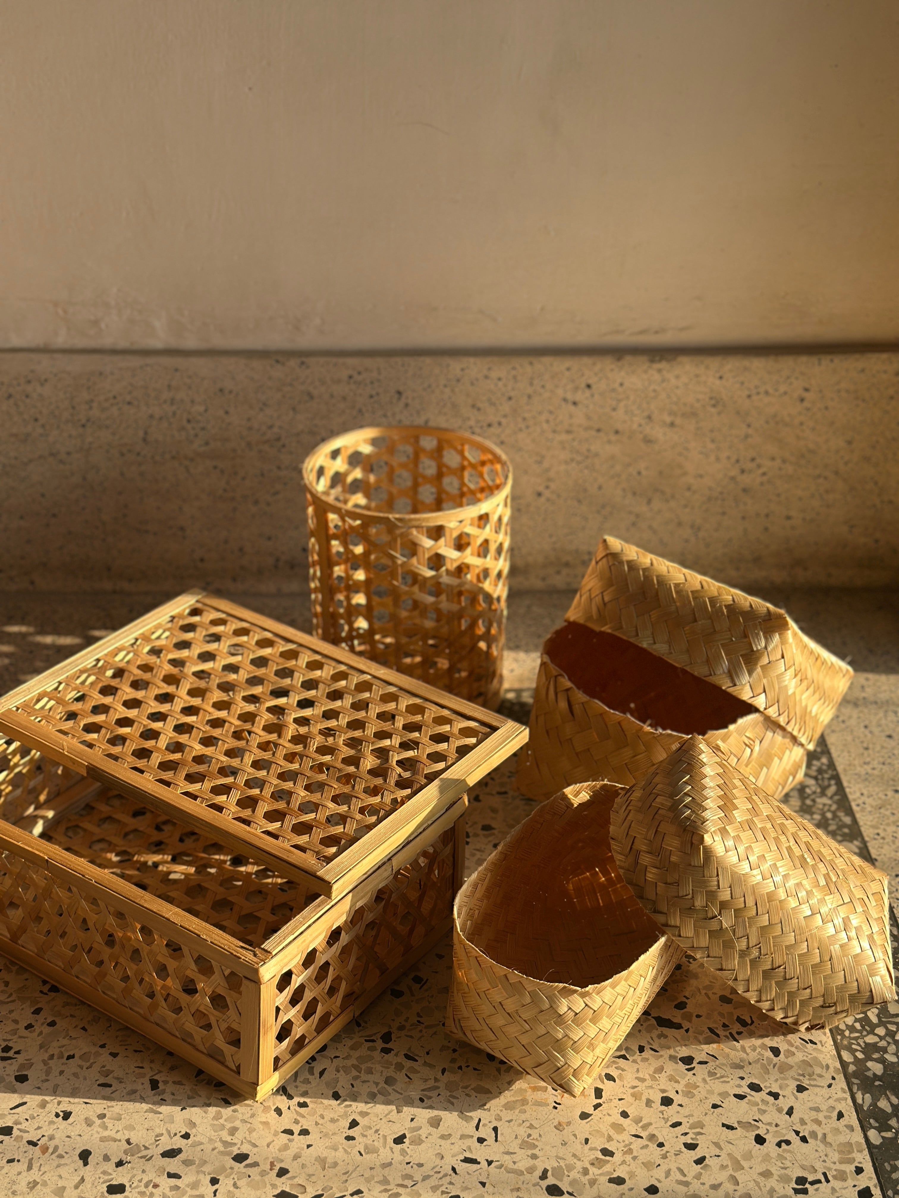 Cylindrical Bamboo Star weave Storage Basket with Lid