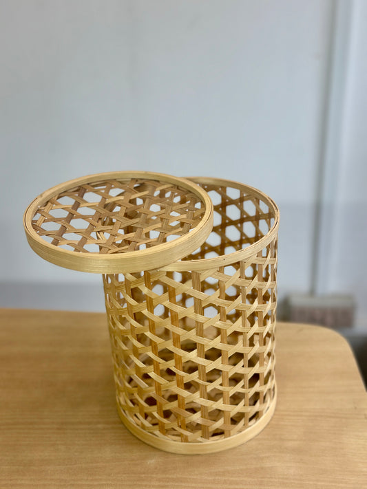 Cylindrical Bamboo Star weave Storage Basket with Lid