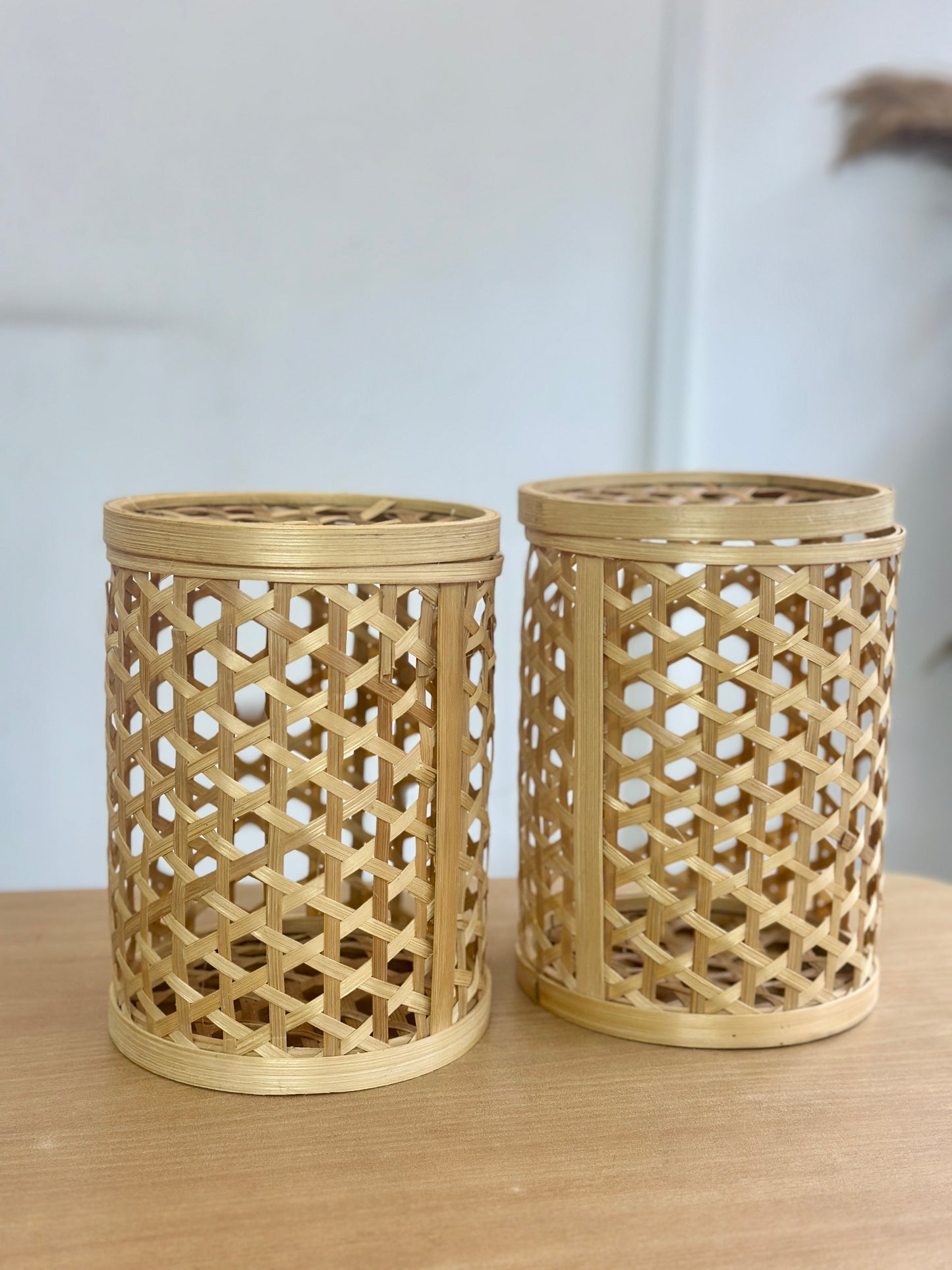 Cylindrical Bamboo Star weave Storage Basket with Lid