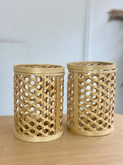 Cylindrical Bamboo Star weave Storage Basket with Lid
