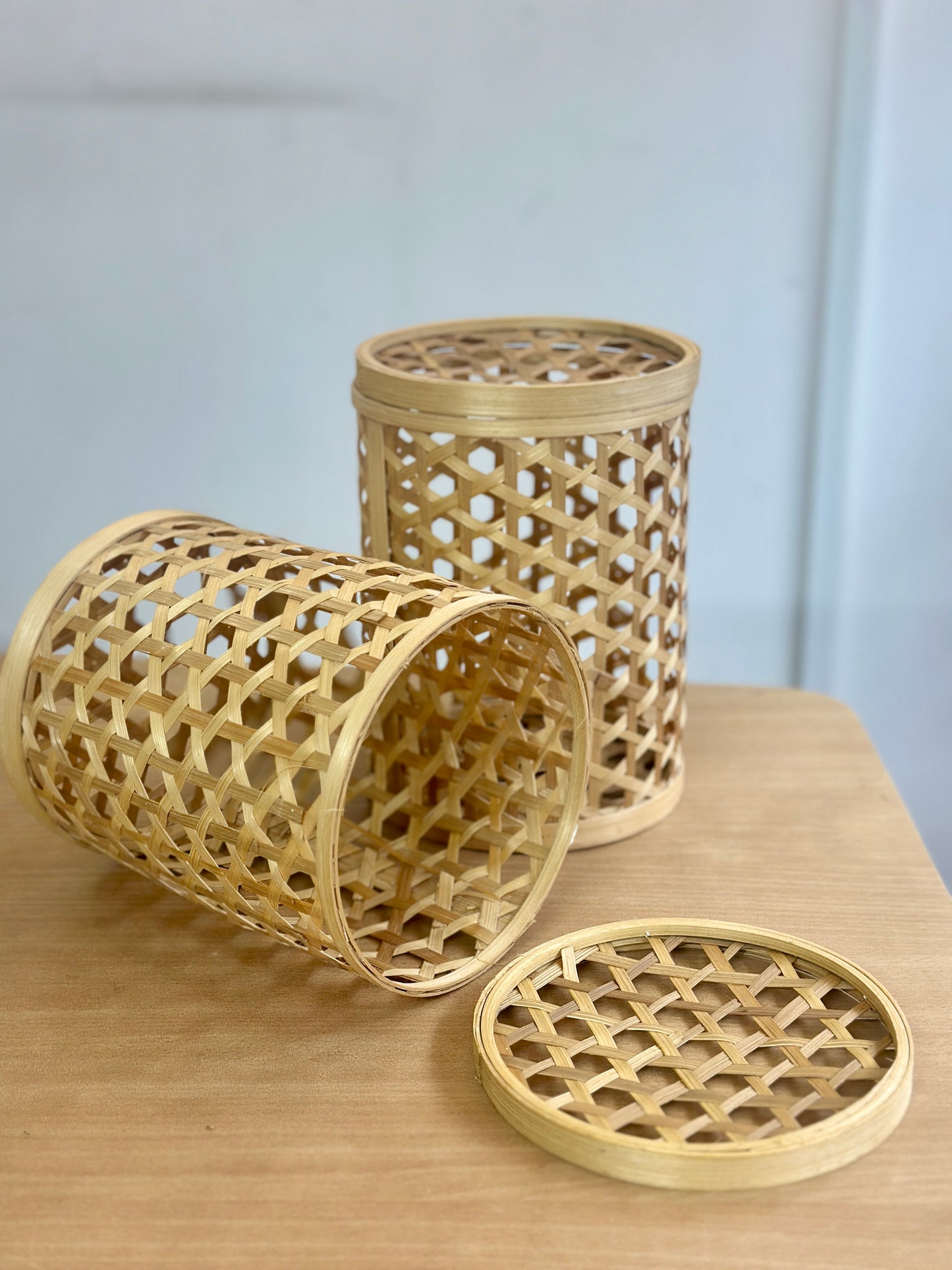 Cylindrical Bamboo Star weave Storage Basket with Lid
