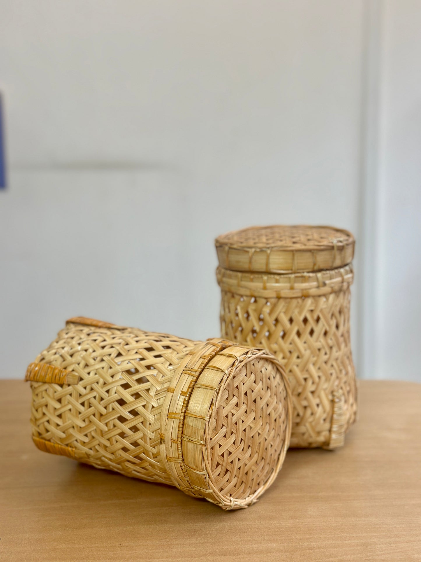 Cylindrical Bamboo Basket with Lid