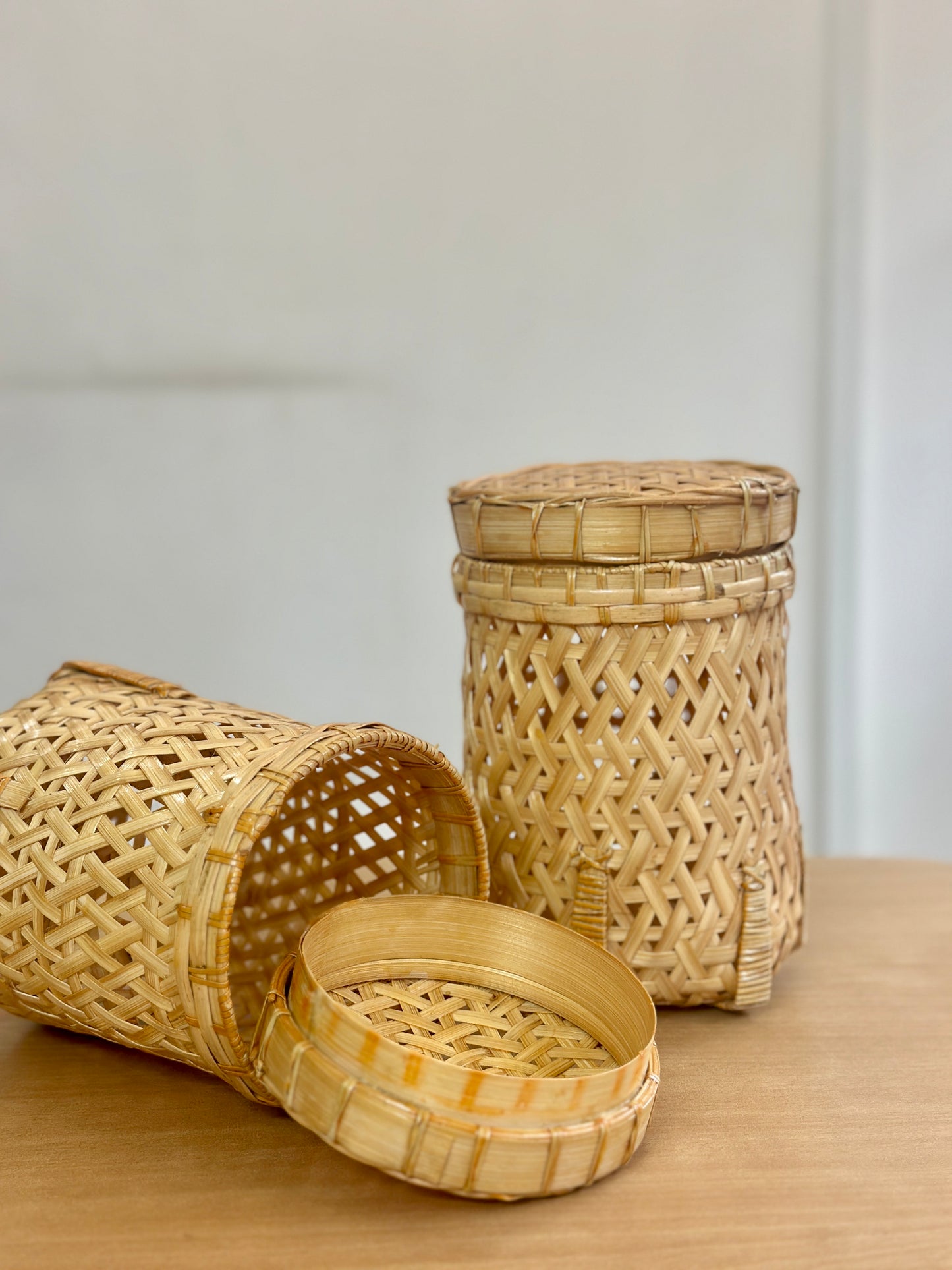 Cylindrical Bamboo Basket with Lid