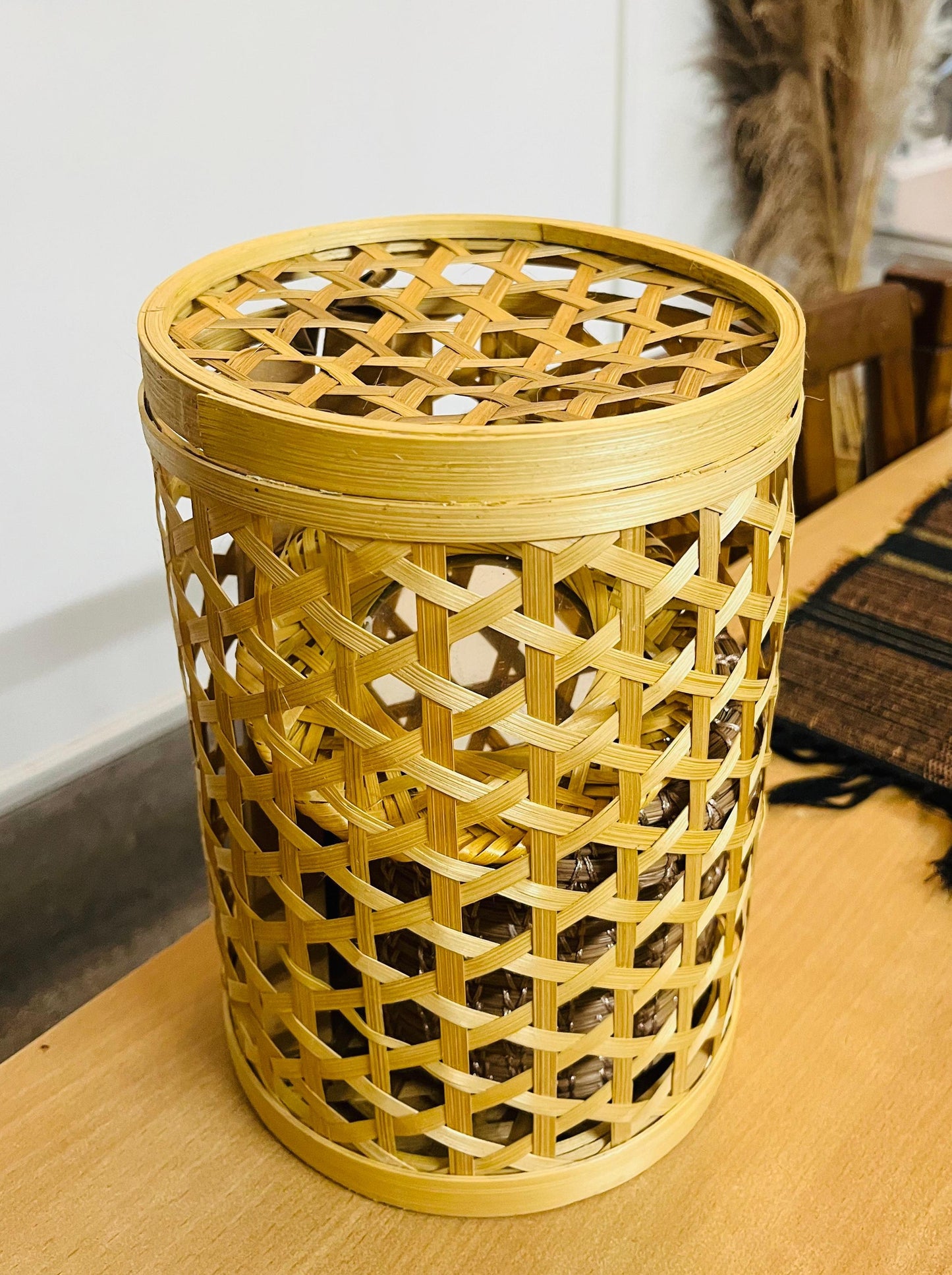 Cylindrical Bamboo Star weave Storage Basket with Lid